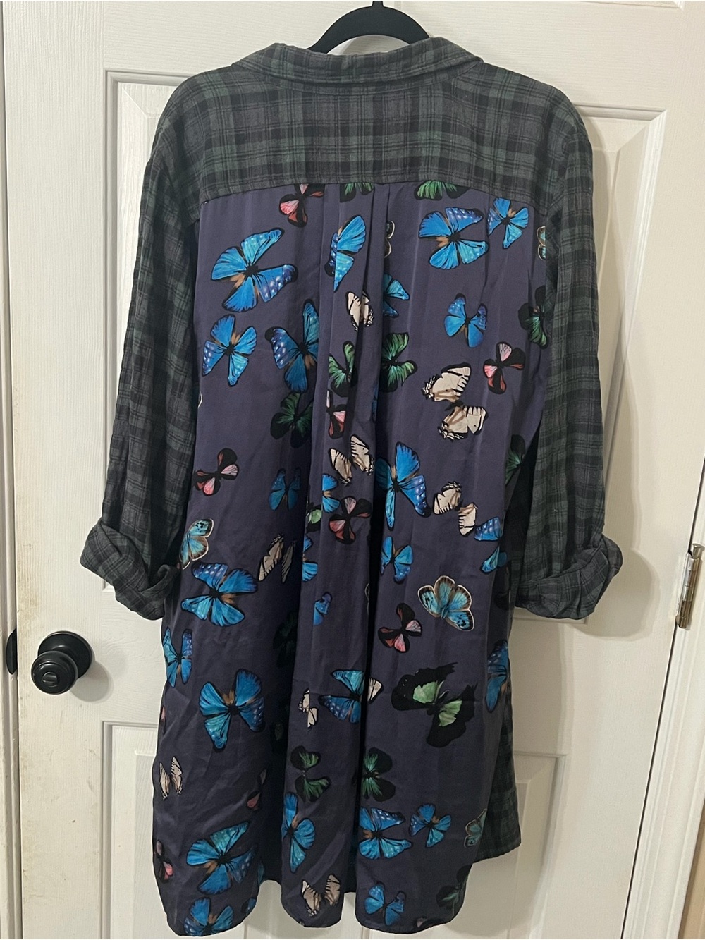 Johnny Was 3J Workshop Plaid & Butterfly Mixed Media Tunic Shirt Dress Womens XL